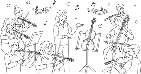 A group of musicians playing various instruments in a black and white outline vector style, perfect for music-related projects
