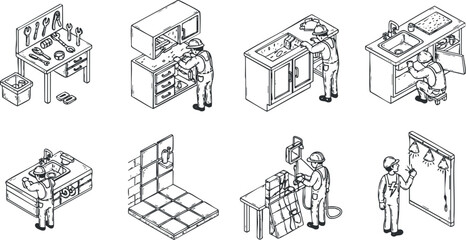 A set of kitchen renovation illustrations featuring workers installing appliances and cabinets in black and white outline style, ideal for home improvement projects