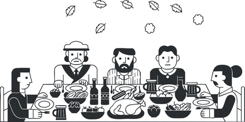 A festive dinner gathering of friends and family around a table with a chicken and various dishes in black and white minimalist vector style, ideal for lifestyle and culinary projects