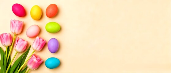 Obraz premium Easter celebration concept. Top view vertical photo of colorful easter eggs and tulips on isolated pastel beige background with copyspace.