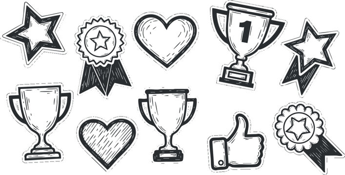 A collection of trophies, stars, hearts, and ribbons in sketch outline vector style, ideal for award and recognition designs