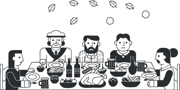 A festive dinner gathering of friends and family around a table with a chicken and various dishes in black and white minimalist vector style, ideal for lifestyle and culinary projects