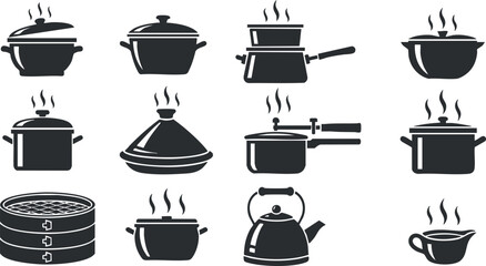 A collection of various cooking pots and pans in black flat vector style, ideal for culinary designs and kitchen branding