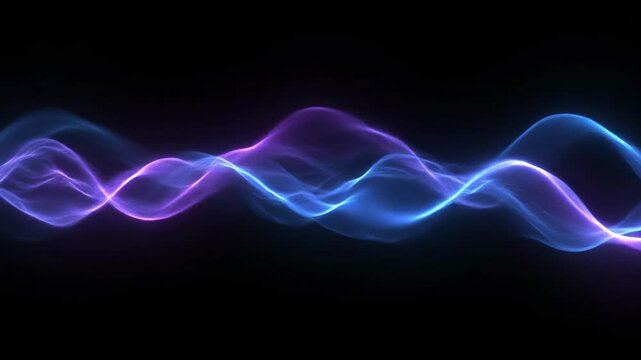 Seamlessly looping abstract visualization of vibrant blue and purple energy waves flowing and echoing across a dark background stream, seamless, background