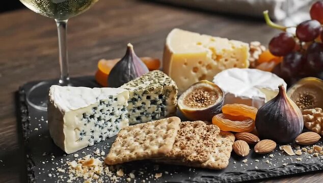 Elegant Assortment of Brie, Blue Cheese, Fig, and Almonds Served with White Wine