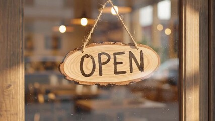 Dynamic opening scene showing wood-crafted open sign swaying gently in a cafe window beckoning customers