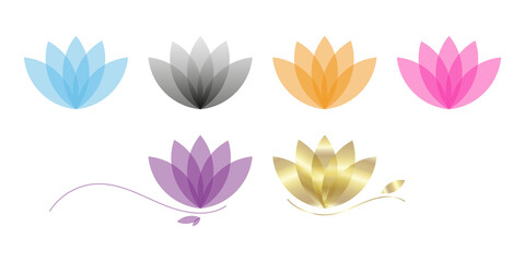 A set of minimalist colored and gold lotuses in a modern style. Perfect for logos, spa, yoga, cosmetics, labels, branding, and design. Isolated. Image. Template. Vector. Art.
