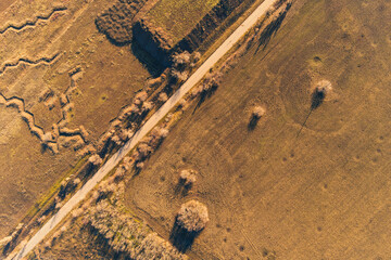 A top-down drone photograph capturing the sharp contrast between a dense forest with colorful autumn foliage in shades of green, yellow, and orange, and a large, brown, ploughed agricultural field.
