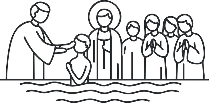 A baptism ceremony with a priest and a group of worshippers in minimalist line art vector style, suitable for religious themes and spiritual illustrations
