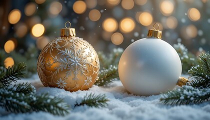 Festive christmas background with ornaments and confetti on green surface