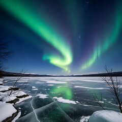 Spectacular Aurora Borealis Dancing Above Frozen Lake in Winter.