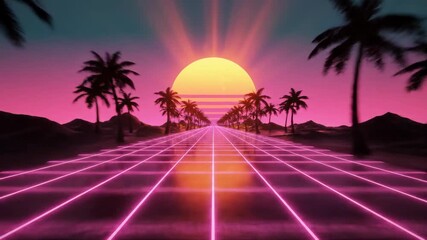 Neon Sun Setting Over Synthwave Grid Tunnel 4K - Powered by Adobe
