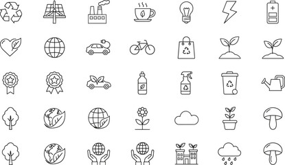 Set of linear ecology and sustainability icons featuring recycling, green energy, electric vehicle, and nature elements isolated on white.