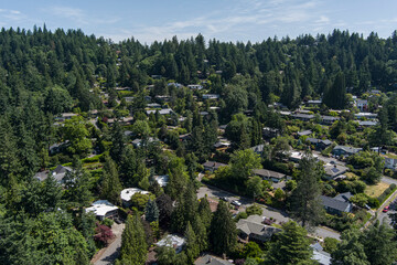 Aerial view of wooded neighborhood in Portland, Oregon.