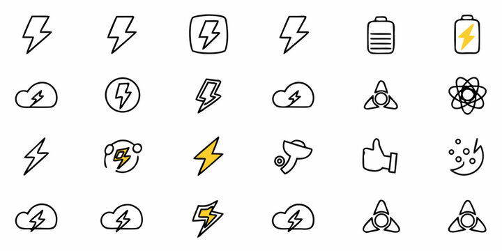 Collection of energy and power related icons including lightning bolts clouds batteries and atomic symbols