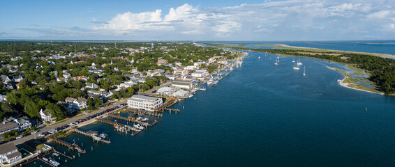 Aerial panoramic view of Beaufort, North Carolina and waterfront in late afternoon