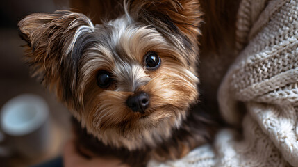 A close-up of a small, fluffy Yorkshire Terrier looking curiously at the camera while being held by a person.