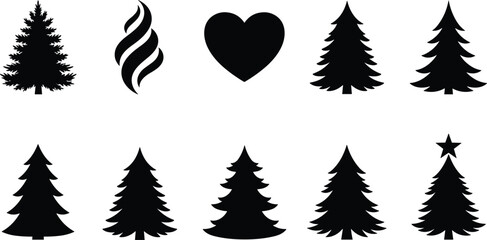 Set of ten black vector silhouettes including various Christmas pine trees, abstract fire flame logo, and heart shape icon, isolated on white background.