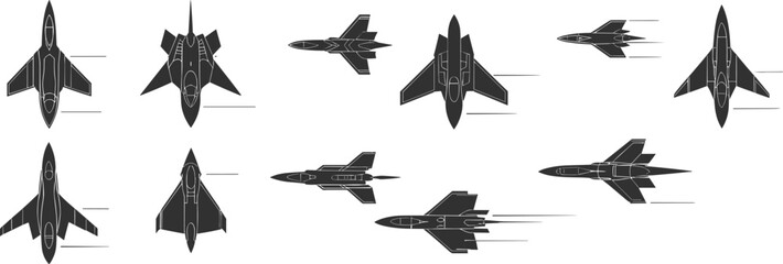 Set of detailed fighter jet silhouettes in top and side views, perfect for aviation design, military illustrations, infographics, logos, and technical graphic projects.