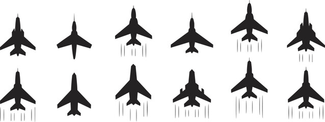 Set of military jet and fighter aircraft silhouettes with exhaust trails, ideal for aviation design, logos, illustrations, stickers, infographics, and graphic projects