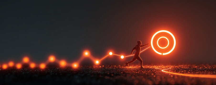 Journey to the goal , business planning concept. Touching a glowing target icon on a connected path with milestones and a running figure. Planning, progress and chievement toward business goals 