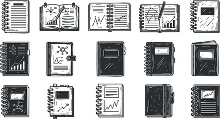 A collection of notebooks and journals featuring graphs, charts, and writing tools in black and white vector style, suitable for educational and business projects