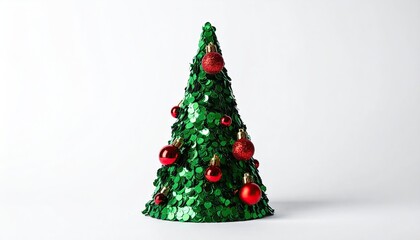 Fototapeta premium Small decorative green Christmas tree with red ornaments on white background.