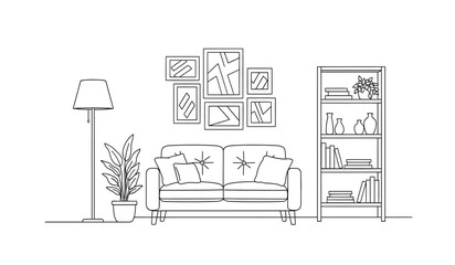 Elegant living room interior design with sofa bookshelf and floor lamp in a minimalist silhouette style creating a modern and artistic atmosphere silhouette