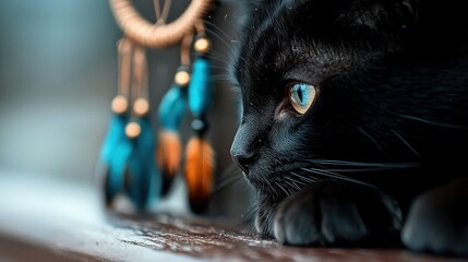 A black cat with striking blue eyes rests near a dreamcatcher, gazing off-camera with a contemplative expression. The lighting is soft and moody.