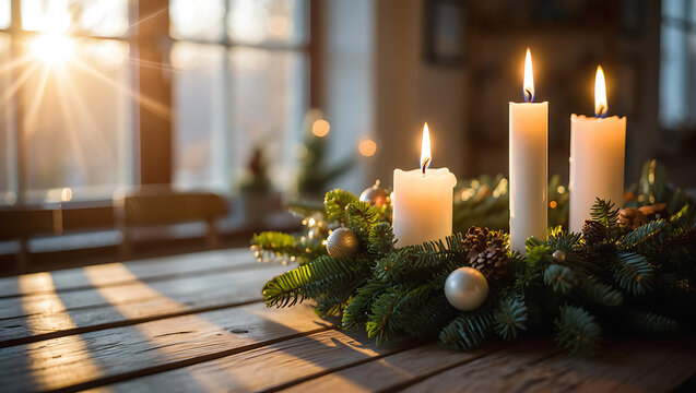 Cozy winter scene with four lit advent candles on a rustic wooden table with warm sunlight streaming through window Second Day of Advent - Powered by Adobe