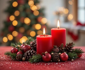 Festive christmas centerpiece with red candles and pine cones decoration
