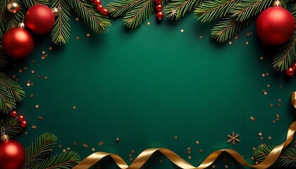 Festive christmas frame with red ornaments and pine branches on green background