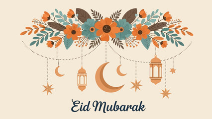 Elegant Eid Mubarak greeting card with floral garland, crescent moons, stars, and lanterns on a light background.