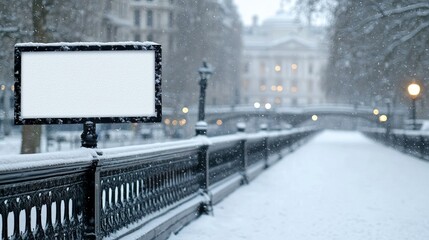 Obraz premium A blank sign covered in snow sits on a bridge in a winter scene. Snow is falling, and the scene is blurred, creating a sense of cold and isolation.