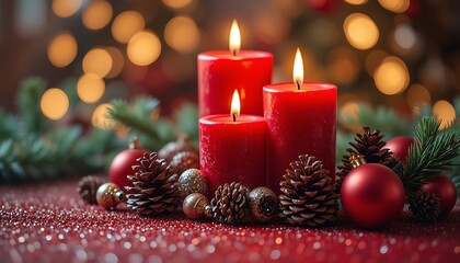 Festive christmas centerpiece with red candles and ornaments on glittery surface