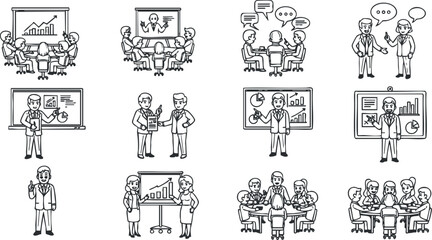 A collection of business meeting illustrations featuring professionals discussing charts and graphs in outline vector style, ideal for corporate presentations and training materials