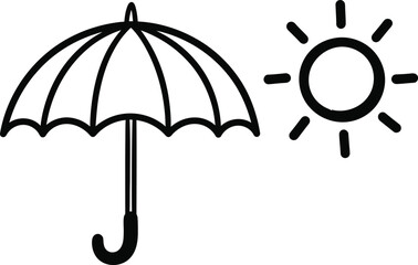 Doodle simple umbrella with a sun icon, hand-drawn solid black on white, indicating mixed weather, quick forecast sketch