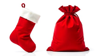 Festive christmas stocking and santas sack isolated on white background