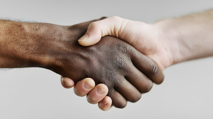 A diverse handshake symbolizing unity and partnership between a Black man and a Caucasian man.