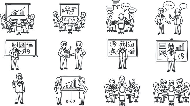 A collection of business meeting illustrations featuring professionals discussing charts and graphs in outline vector style, ideal for corporate presentations and training materials