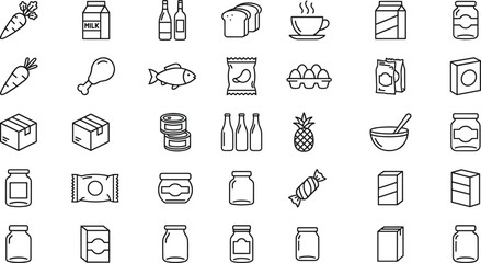 Grocery food and packaging icons set, supermarket products, milk, bread, vegetable, and drink line art vector illustration collection. © Vector Sifat