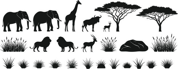 African safari animals and trees silhouettes set, black silhouette of elephant, giraffe, wildebeest, lion, gazelle, bush, grass, and rock for wildlife vector illustration. © It's Majed Here