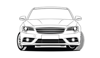 Detailed front view car outline illustration in black and white featuring clean lines and a modern design aesthetic presented as a silhouette