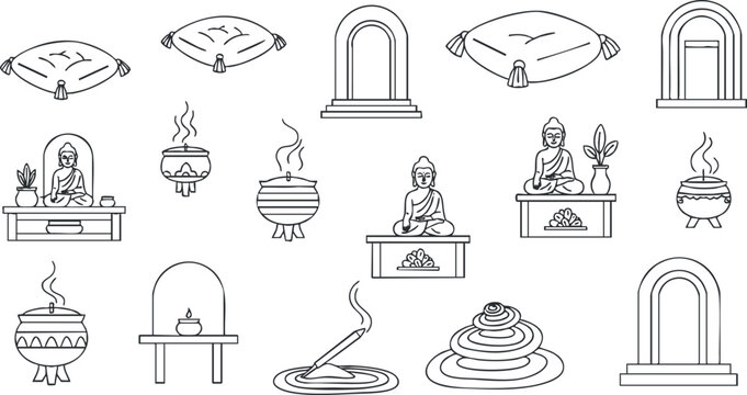 A collection of meditation and wellness icons featuring Buddha figures, incense, and serene elements in clean outline vector style, perfect for spirituality and wellness projects