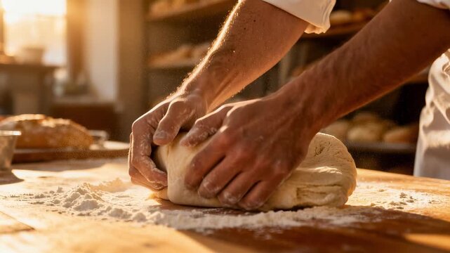 Baker hands kneading fresh dough on wooden table with flour in artisan bakery close up food preparation