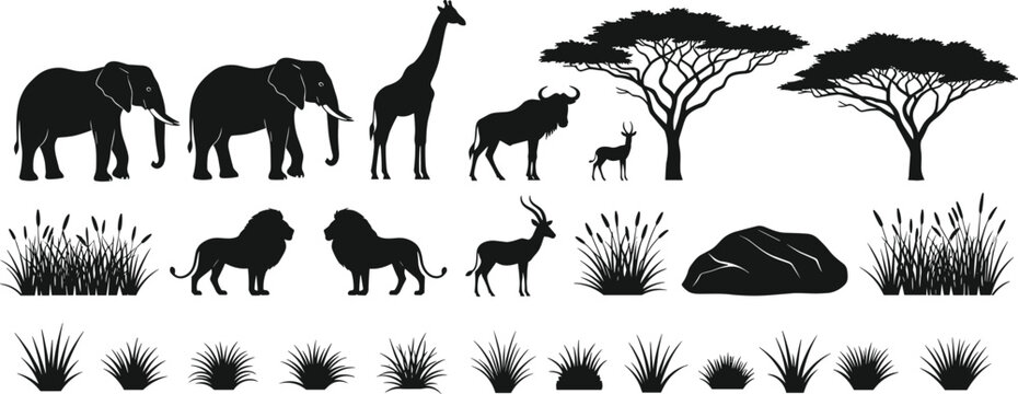 African safari animals and trees silhouettes set, black silhouette of elephant, giraffe, wildebeest, lion, gazelle, bush, grass, and rock for wildlife vector illustration.