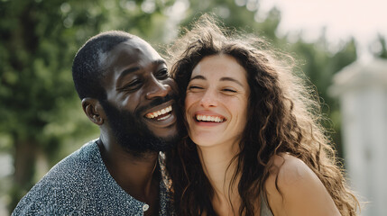 A joyful couple smiling together outdoors, enjoying a moment of happiness in a sunlit garden.