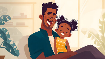 A joyful Black father smiles while holding his young daughter, both radiating happiness in a cozy, sunlit living room.