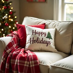 Festive holiday living room with christmas tree and cozy throw blanket