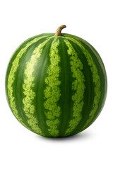 Whole fresh watermelon with green striped rind isolated on a transparent background, ideal for food packaging design, grocery advertising and healthy fruit product design, watermelon cutout image, PNG